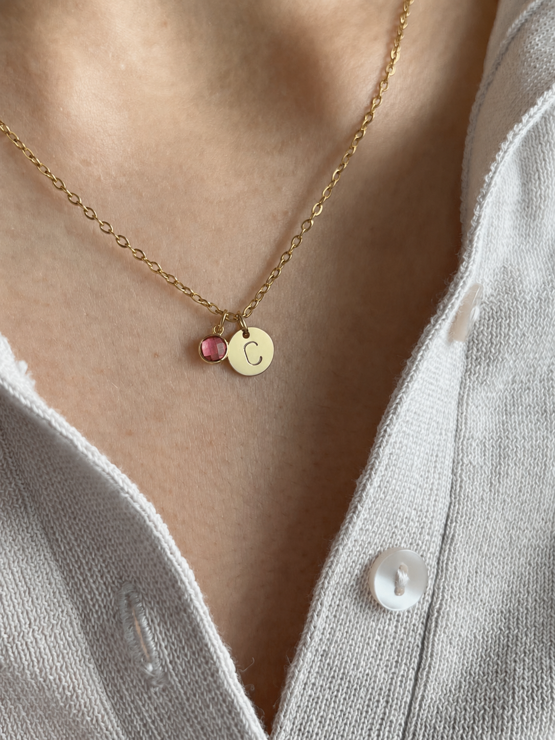 Eraya Jewel personalized initial and birthstone necklace with C initial and pink birthstone charm