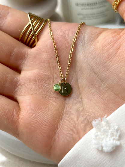 Eraya Jewel personalized initial and birthstone necklace with M initial and green birthstone charm