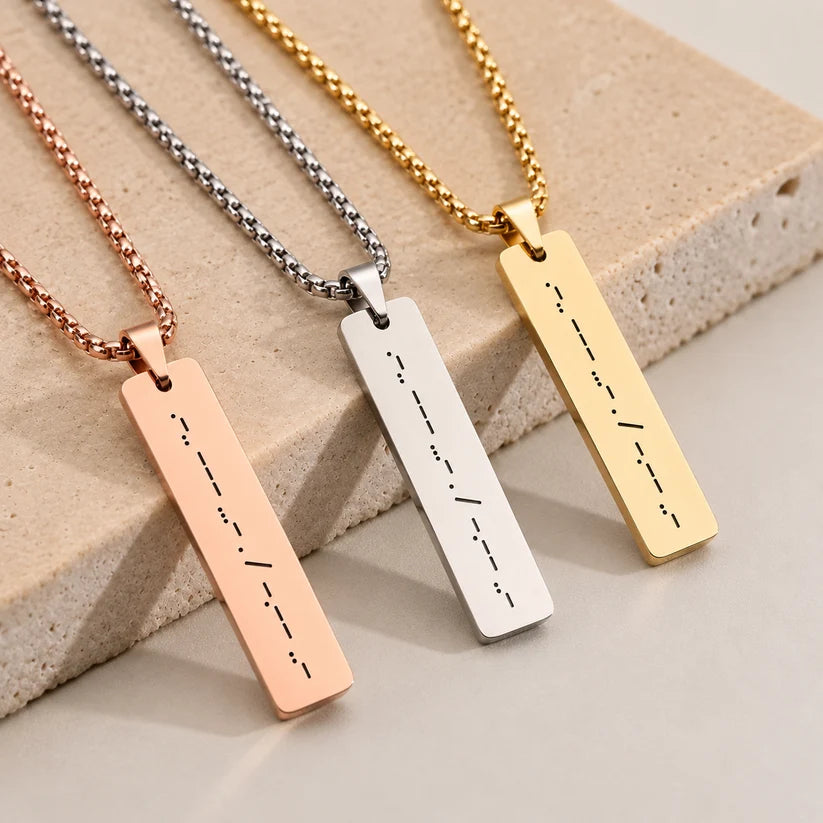 Eraya Jewel personalized Morse Code Bar Pendant in gold, silver and rose gold finishes
