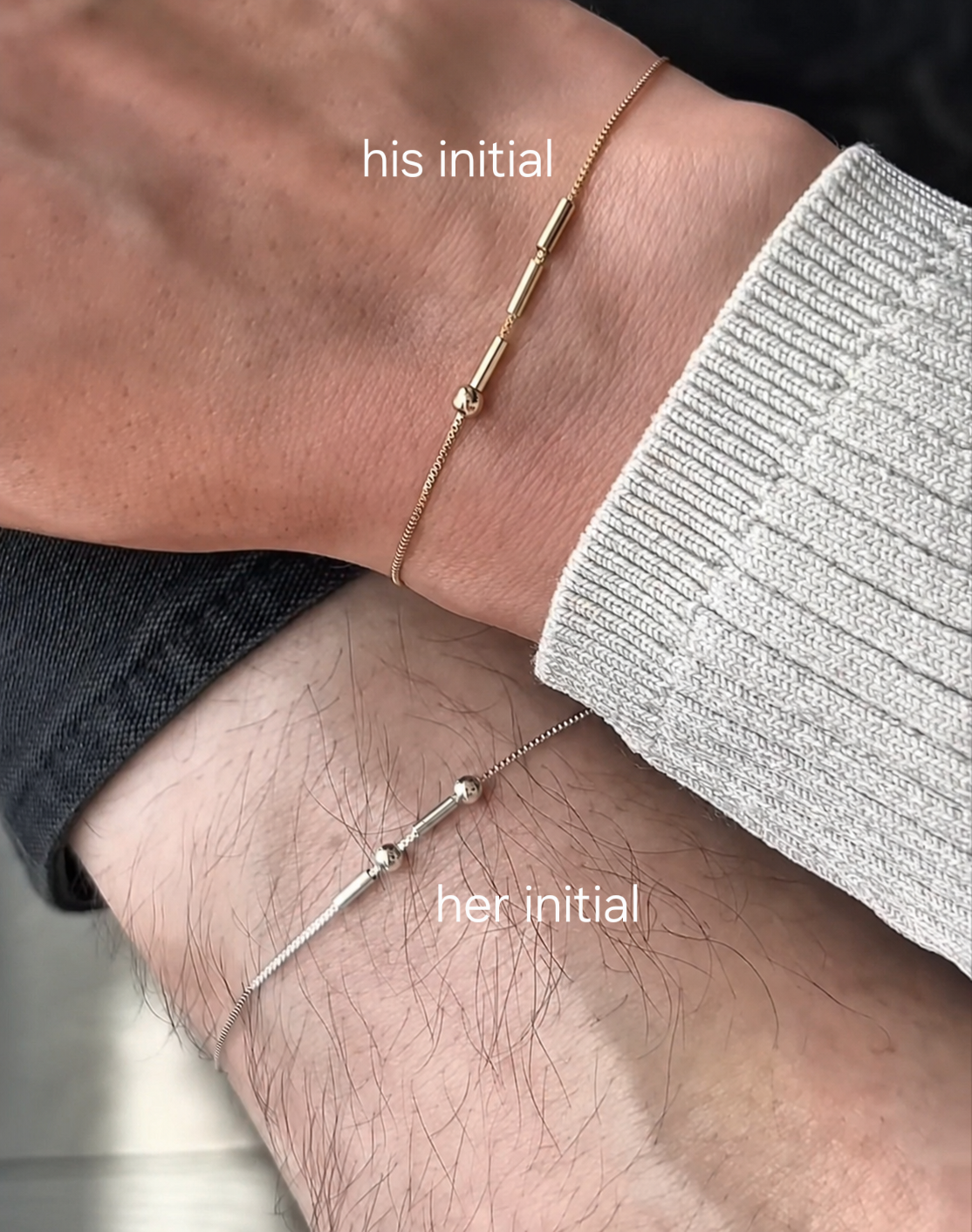 Eraya Jewel matching personalized Morse code couple bracelets in gold and silver worn on two wrists