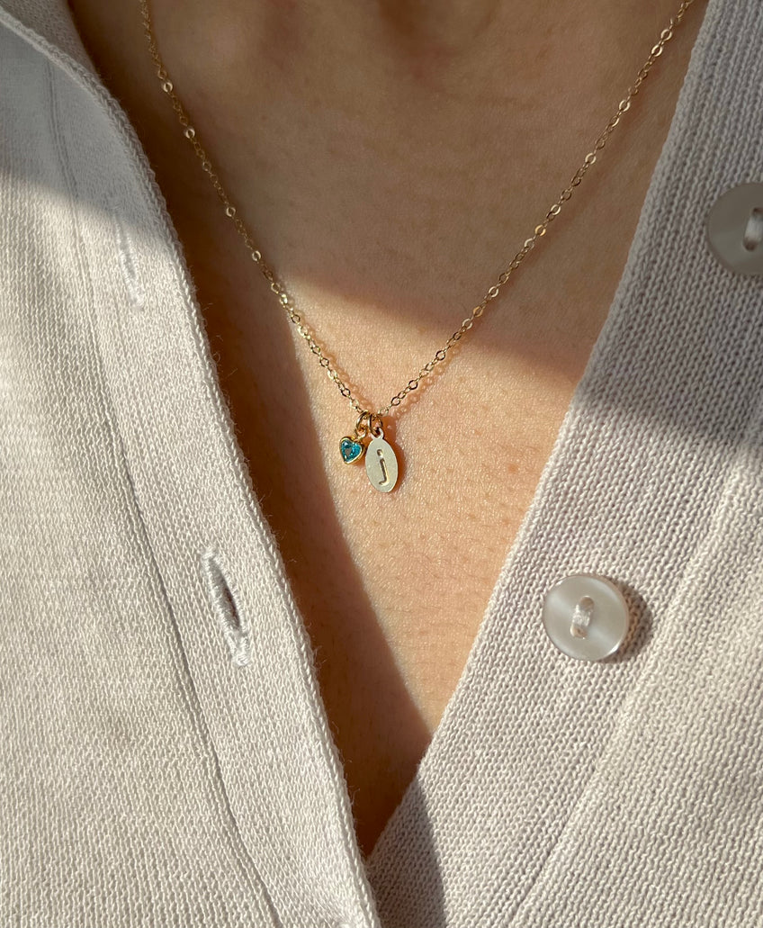 Lightweight personalized initial necklace with tiny birthstone charm for daily wear