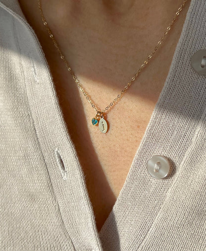 Lightweight personalized initial necklace with tiny birthstone charm for daily wear