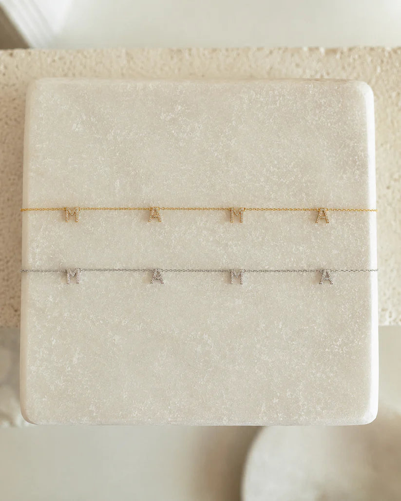Eraya Pavé MAMA Necklace available in 22K gold finish and rhodium finish, premium anti-tarnish necklace for mothers, baby shower gift and new mom gift.