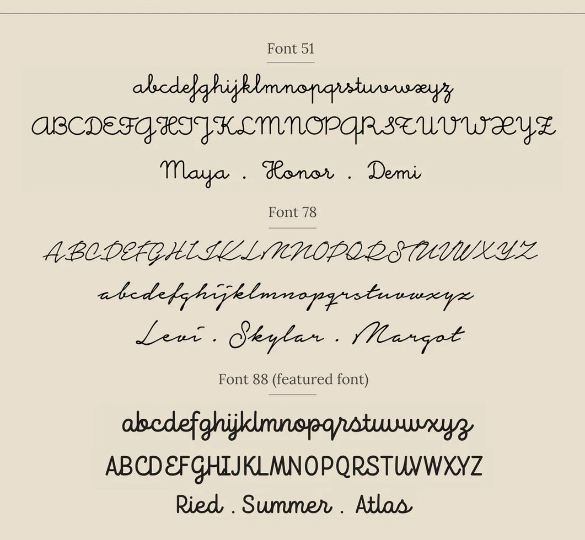 Font chart featuring dainty cursive fonts on a beige background