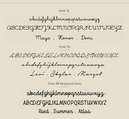 Font chart featuring dainty cursive fonts on a beige background