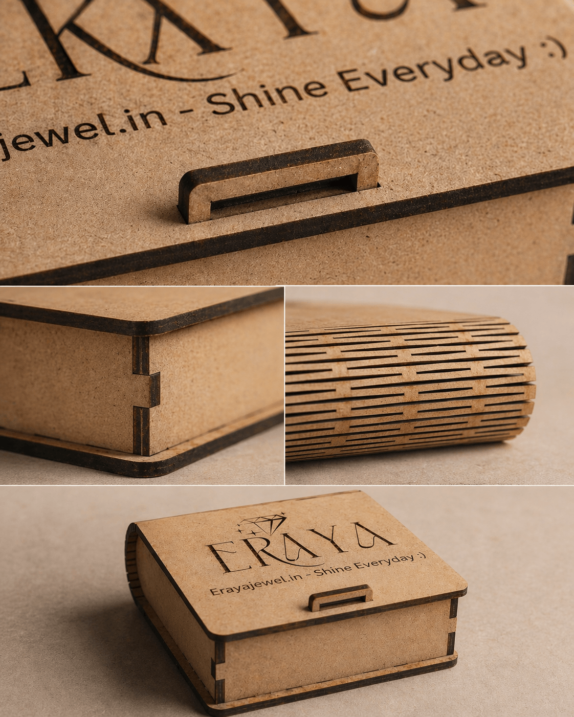 Brown cardboard box with 'Eraya' branding and text 'erayajewel.in - Shine Everyday :)'