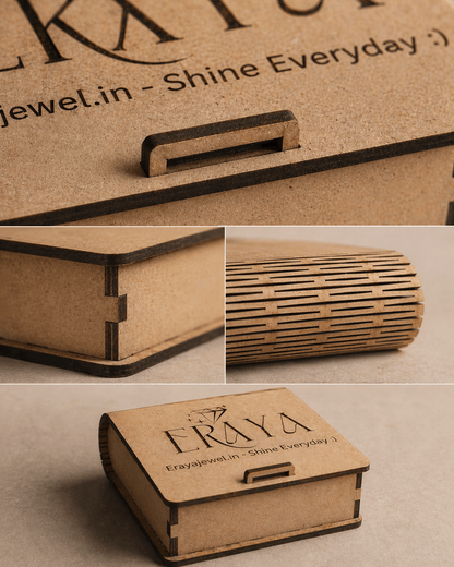 Brown cardboard box with 'Eraya' branding and text 'erayajewel.in - Shine Everyday :)'