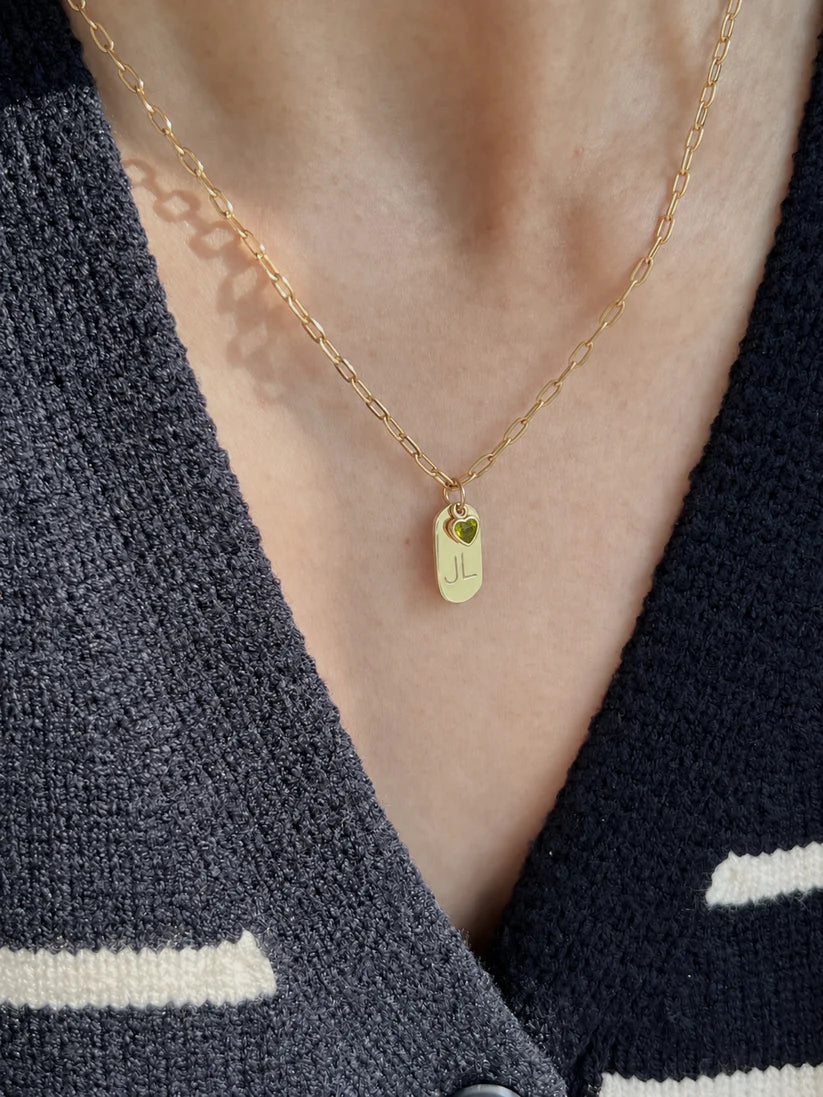 Personalized Heart Charm Initial Pendant in gold and silver finish with engraved initials and colored heart charms by Eraya Jewel