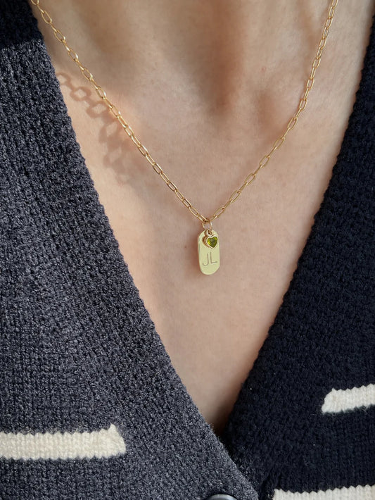 Personalized Heart Charm Initial Pendant in gold and silver finish with engraved initials and colored heart charms by Eraya Jewel