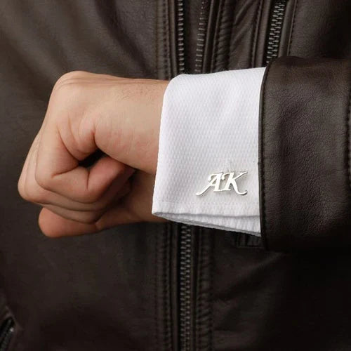 Model wearing Eraya Jewel Personalized Two-Letter Cufflinks, featuring a custom two-initial monogram for a sophisticated, personal touch on his shirt cuff