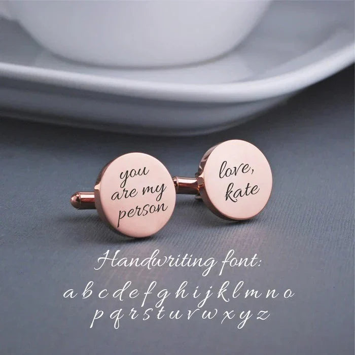 Eraya Jewel Personalized Handwriting Cuff Links in a bronze finish, showcasing a unique engraved handwritten message on the cufflink.