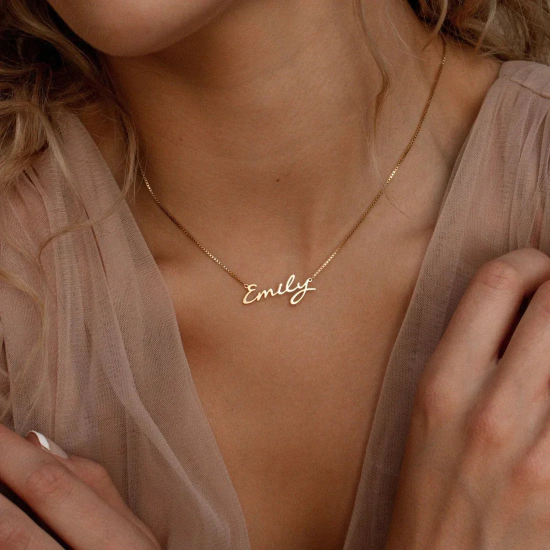 Model displaying the Personalized Callie Signature Necklace, a custom name necklace that blends modern and timeless style