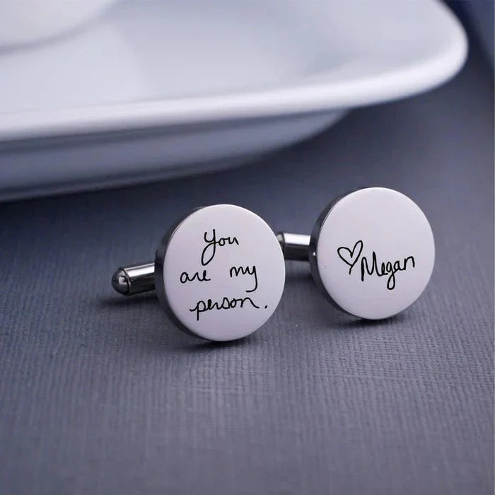 Eraya Jewel Personalized Handwriting Cuff Links in a sleek silver finish, featuring a personalized engraving of actual handwriting.