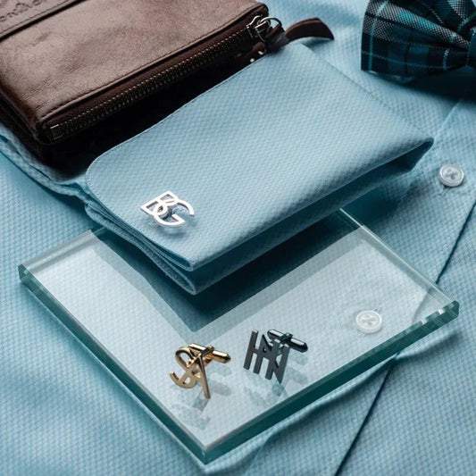 Eraya Jewel 'My Initials' Cufflinks displayed in three available finishes: Gold, Silver, and Gray – Customizable initial accessories