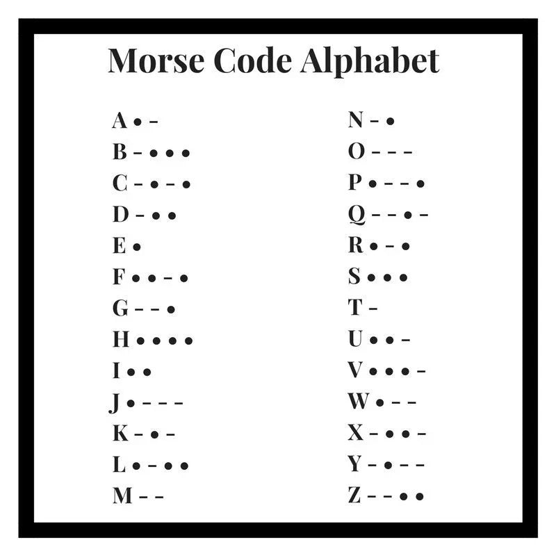 Morse code alphabet chart showing letters A through Z represented by dots and dashes for personalized jewelry