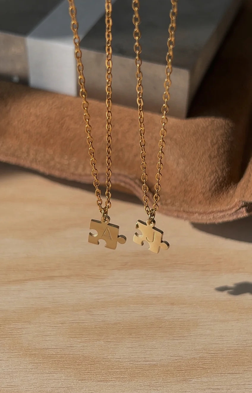 Personalized gold puzzle pendant with custom initial for couples