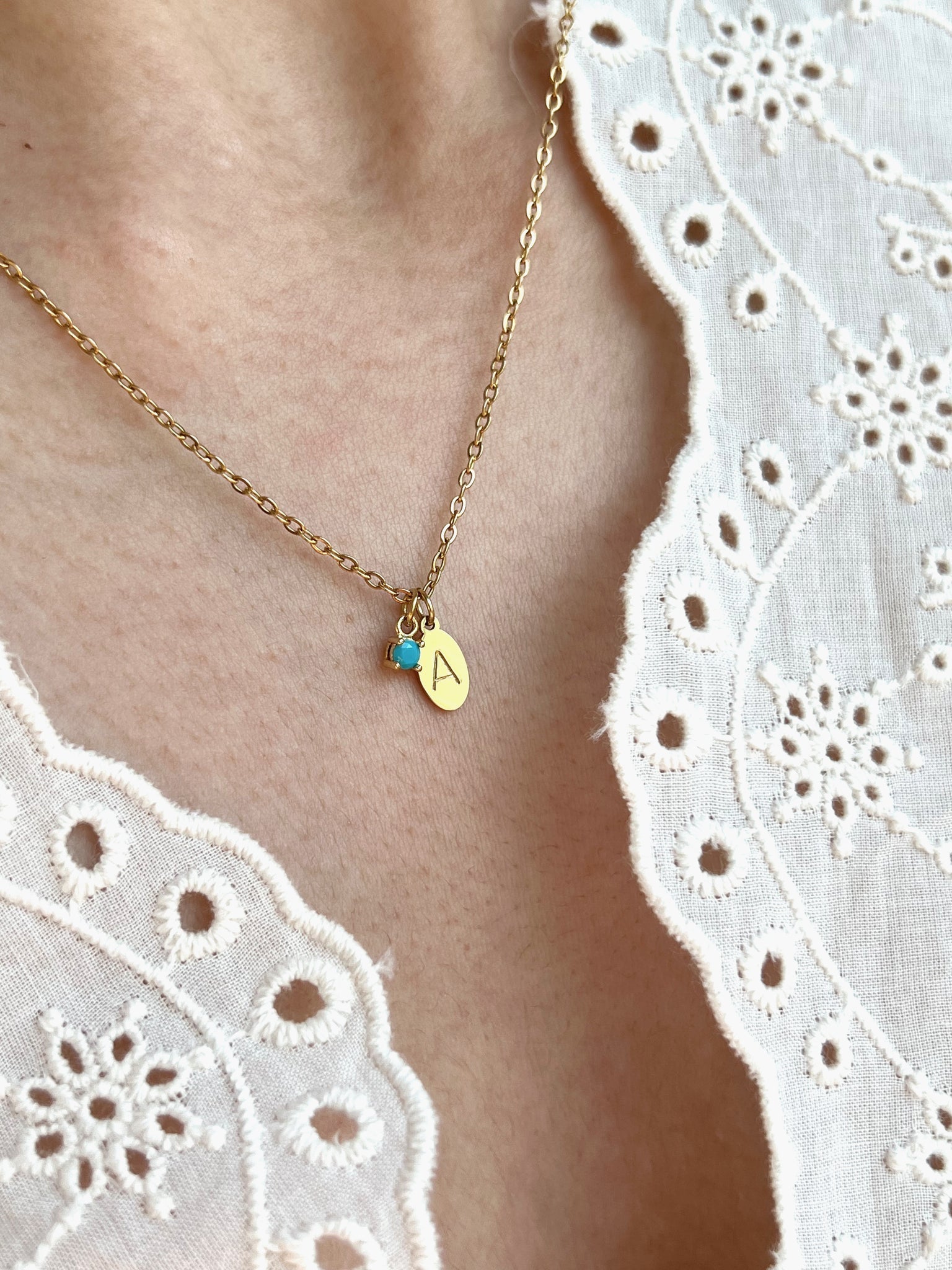 Woman wearing petite initial pendant necklace – minimalist personalized jewelry for daily wear