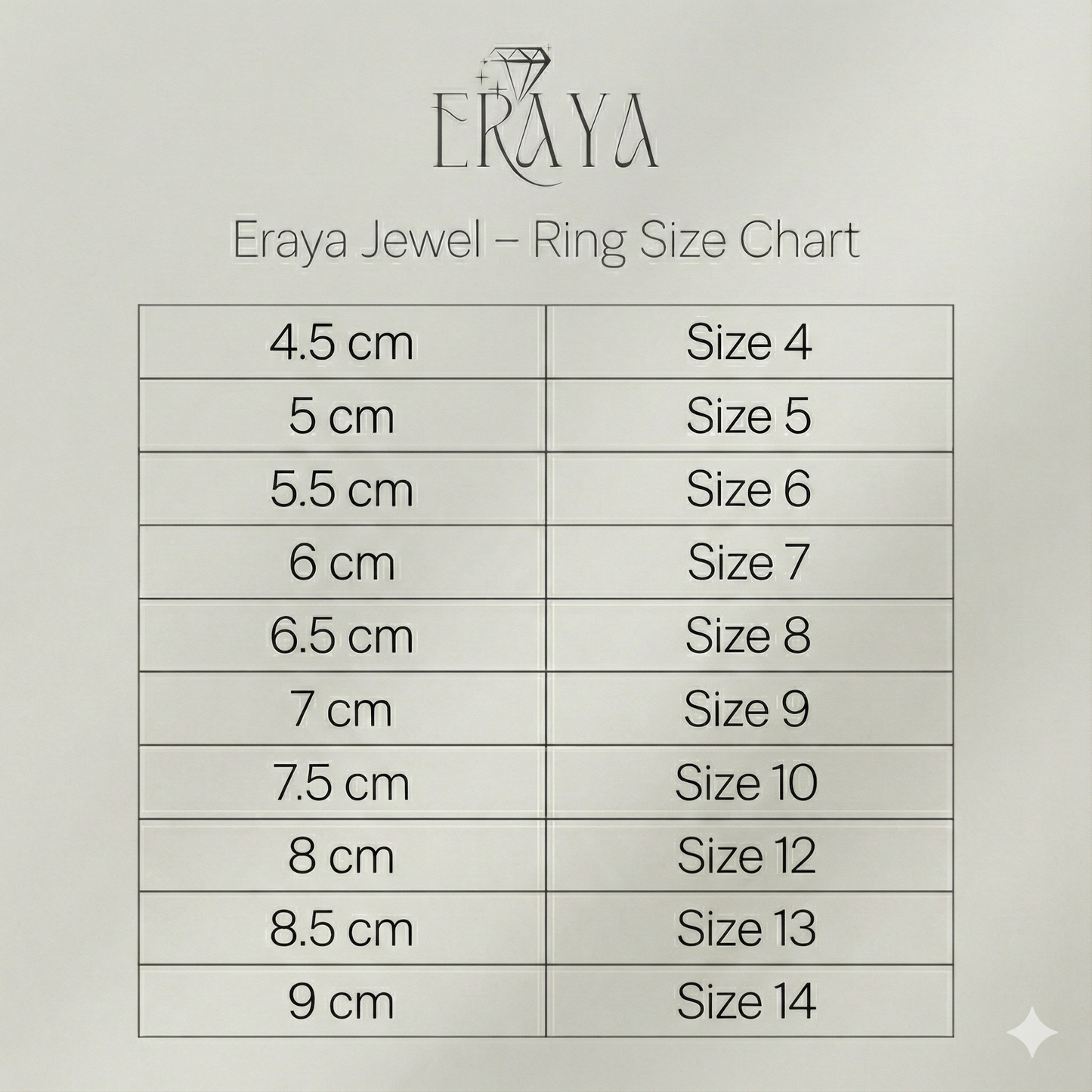 Eraya Jewel ring size chart on a light gray background