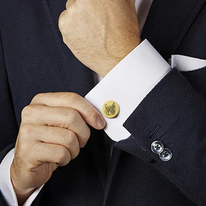 Model wearing Eraya Jewel Personalized Pet Photo Cufflinks, displaying a beloved custom pet picture on his shirt cuff – Unique sentimental men's accessory