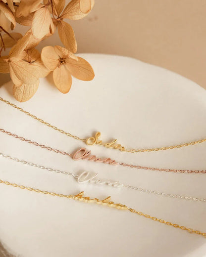 Eraya Jewel Dainty Name Bracelets available in Gold, Silver, and Rose Gold finishes – Product image showing the range of personalized options.