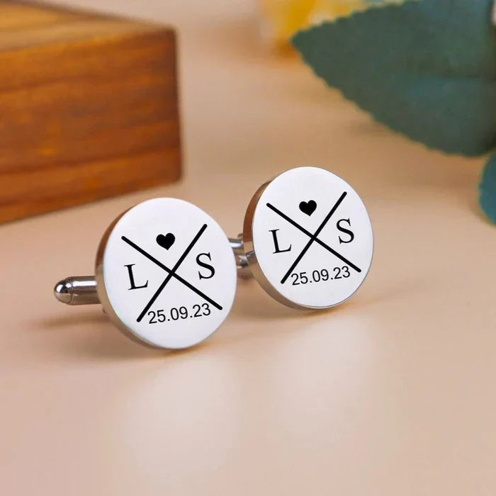 Eraya Jewel Personalized Engraved Date & Initial Cufflinks in polished Silver – Product image highlighting custom engraving detail.