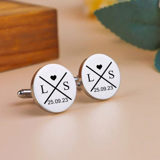 Eraya Jewel Personalized Engraved Date & Initial Cufflinks in polished Silver – Product image highlighting custom engraving detail.