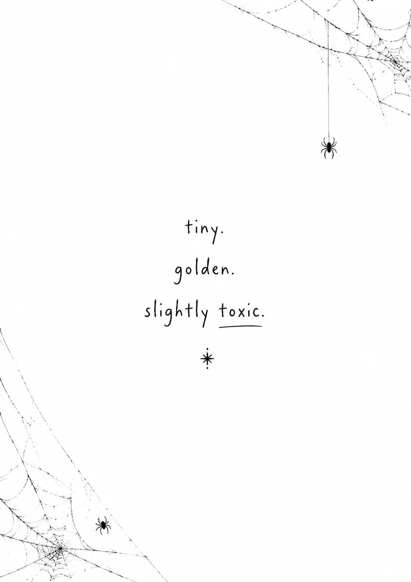 Aesthetic graphic featuring spider webs and the text "tiny. golden. slightly toxic." for spider necklace branding.
