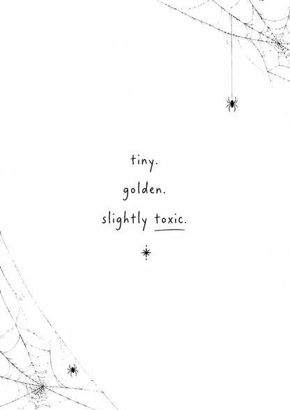 Aesthetic graphic featuring spider webs and the text "tiny. golden. slightly toxic." for spider necklace branding.