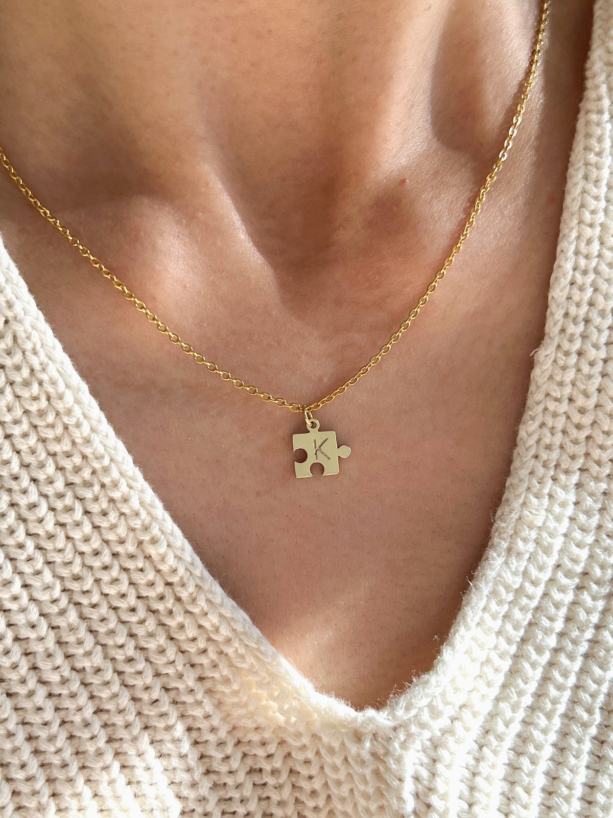 You Complete Me personalized gold puzzle pendant with initial