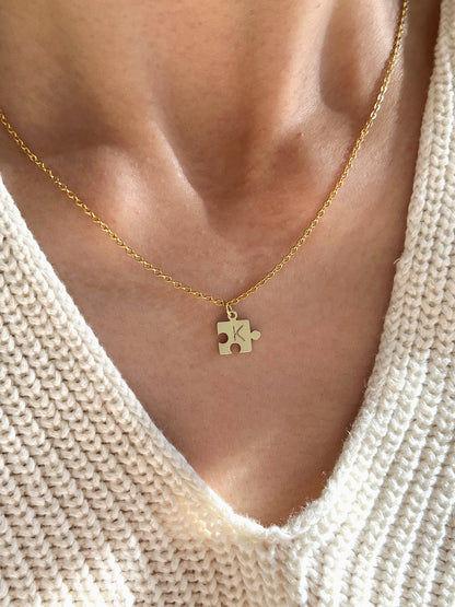 You Complete Me personalized gold puzzle pendant with initial