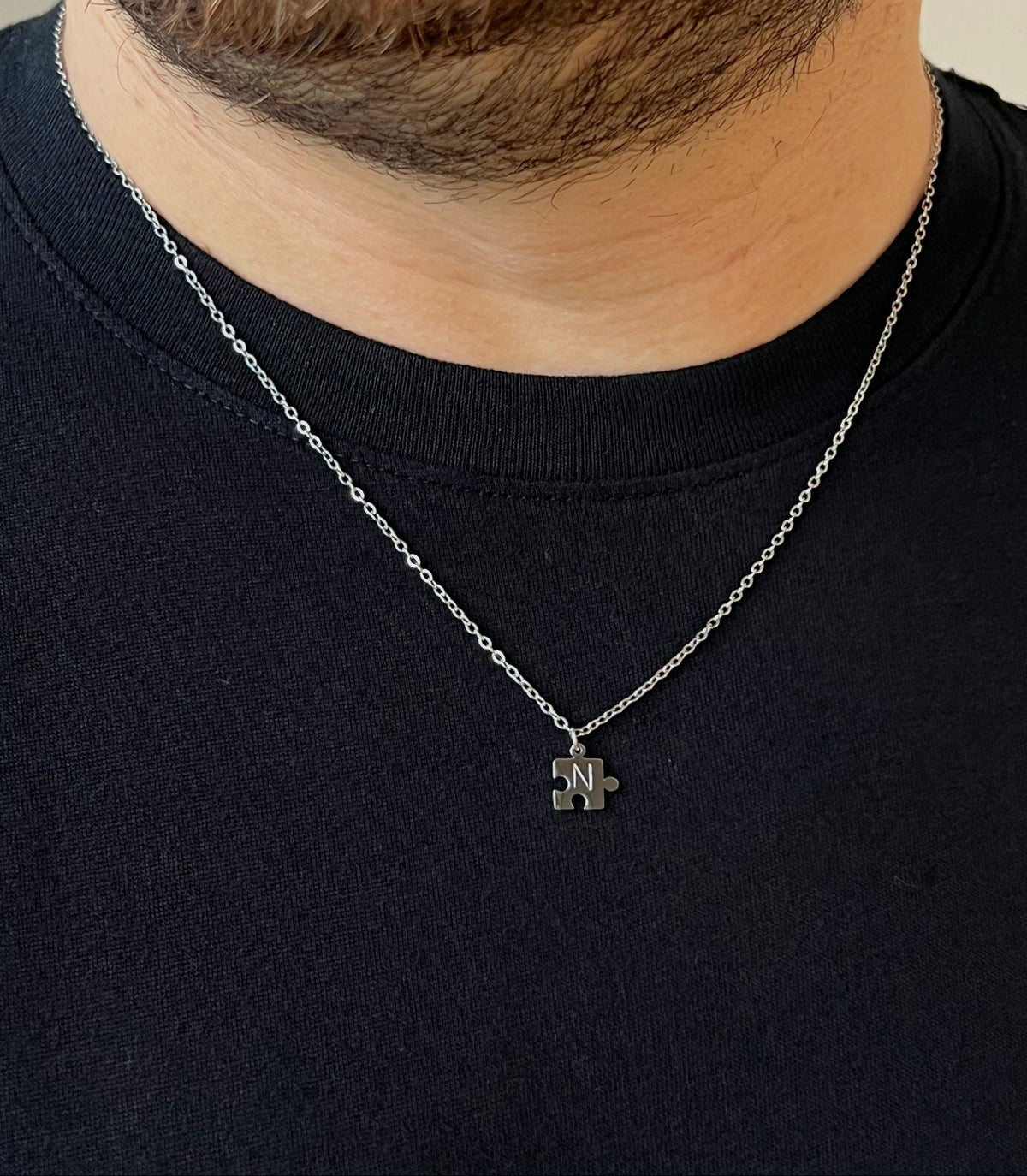 You Complete Me silver puzzle pendant with personalized initial for men
